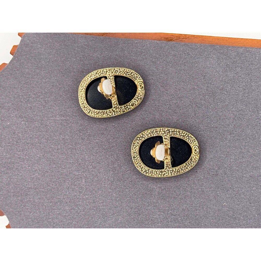 Vintage Black Cabochon Gold Clip On Earrings Minimalist Oval Statement 80s 90s - Picture 7 of 9